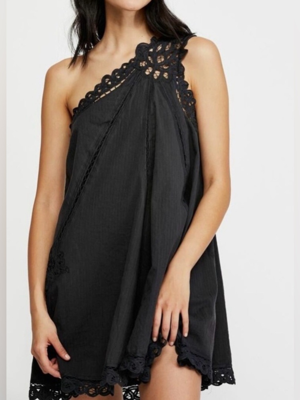 Free People Black One-Shoulder Lace-Trim Mini Dress